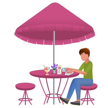 Masada yemek yiyen bir adam. Pizzacı, kafe, restoran, bar. Yaz terası. Yaz. - Yakın çekim. Çizgi film resmi. Vektör. Düz biçim.