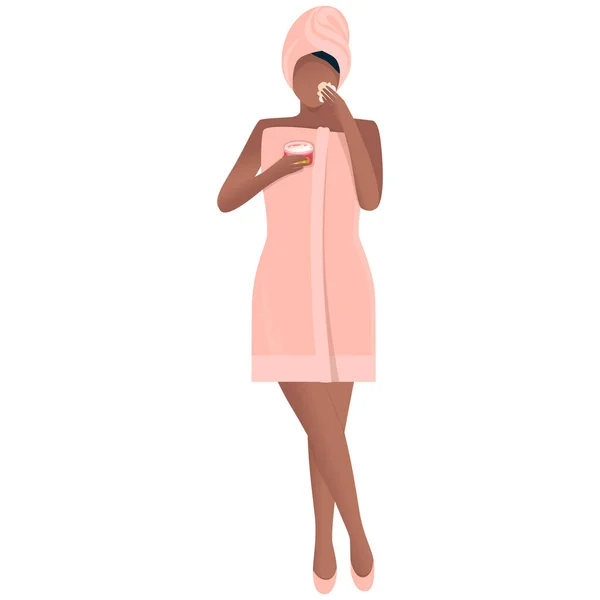 Afro Américaine Fille Dans Une Serviette Applique Hydratant Après Traitement — Image vectorielle
