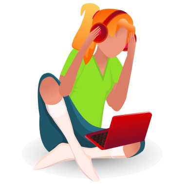 A girl with headphones sits at a laptop. White background. The concept of recreation, learning, communication, online. Work, freelancing, business, courses, everything related to the Internet.