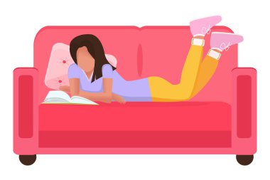 Kız kanepede kitap okuyor. Tatil ya da evde eğitim kavramı. Tecrit, karantina. Çizgi film tarzı. Vektör. Yakın plan..