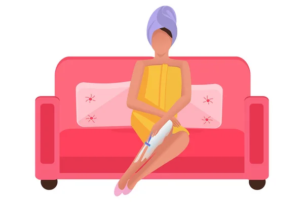 Ξύρισμα Ποδιών Μια Γυναίκα Φροντίζει Πόδια Και Σώμα Της Σπίτι — Διανυσματικό Αρχείο