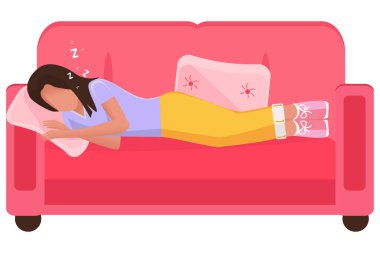 Kız kanepede uyuyor. Ev, oda, iç mekan. Vektör. Çizgi film. Düz bir şekilde çizim.