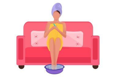 Havluyla duş aldıktan sonra, çekici bir bayan ellerine ve ayaklarına dikkat eder. Çizgi film tarzı. Kolaj için web tasarımında kullanılır. Basit düz vektör çizimi.