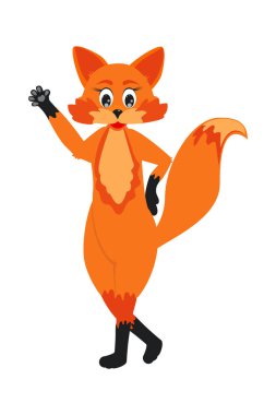 Bir tilki. Tilki patisini sallıyor. Hayvan herif. Çizgi film karakteri. Vektör. Web tasarımında çıkartmalar, mıknatıslar, kolajlar oluşturmak için kullanılabilir.