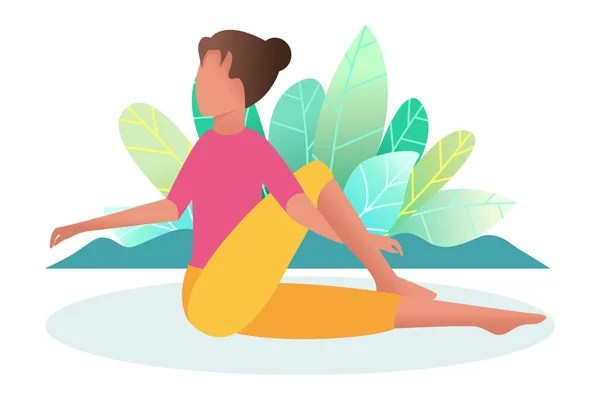 Bir Kadın Doğada Yoga Yapmakla Meşgul Salyangoz Duruşu Sağlıklı Yaşam — Stok Vektör