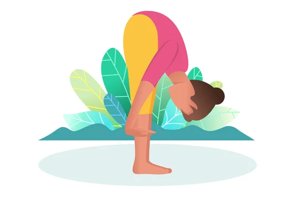 Una Mujer Hace Yoga Naturaleza Postura Cigüeña Postura Estiramiento Concepto — Archivo Imágenes Vectoriales