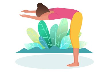 Bir kadın doğada yoga yapmakla meşgul. Sağlıklı yaşam tarzı kavramı. Düz. Çizgi film tarzı. Vektör.