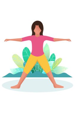 Bir kadın doğada yoga yapmakla meşgul. Sağlıklı yaşam tarzı kavramı. Düz. Çizgi film tarzı. Vektör.