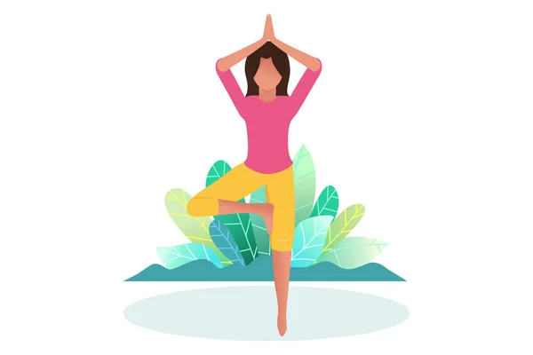 Woman Does Yoga Nature Yoga Pose Called Tree Concept Healthy — Stock Vector