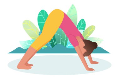 Kadın yoga ile meşgul. Sağlıklı yaşam tarzı kavramı. Dinlenme, tedavi, önleme. Tüm sezon boyunca evde ve dışarıda eğitim gördüm. Çizgi film yaşam tarzı. Vektör.