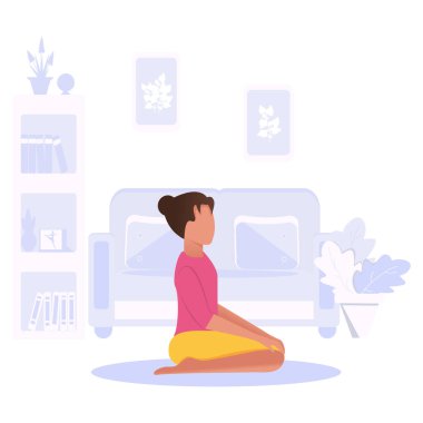 Kadın evde otururken yoga yapıyor. Yoga pozunun adı Hadi. Salgın yılındaki sağlıklı yaşam tarzı konsepti. Karantinaya alın. Yalıtım. Düz. Çizgi film tarzı. Vektör.