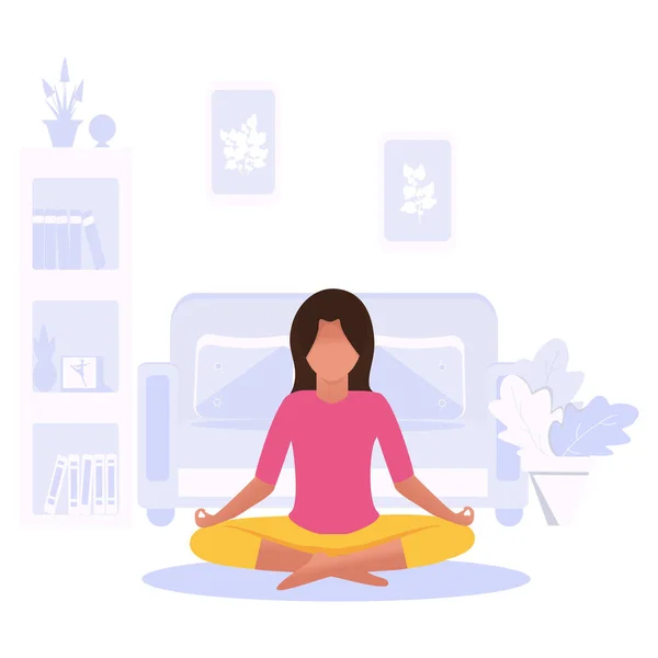 Mujer Posición Loto Yoga Concepto Estilo Vida Saludable Yoga Casa — Archivo Imágenes Vectoriales
