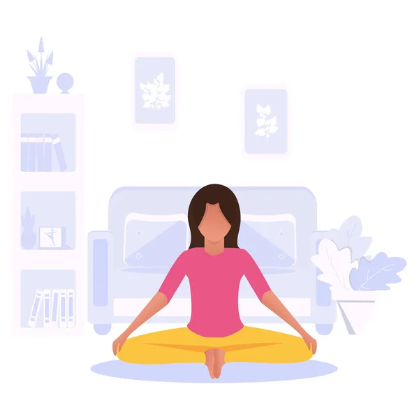 女性は家で瞑想している 隔離されたヨガクラス 漫画風 健康的なライフスタイル 集中力 リラクゼーションの概念 フラット明るいイラスト — ストックベクタ