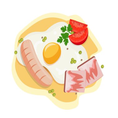 Domuz pastırmalı yumurta, sosis, domates ve yeşil bezelye, otlarla süslenmiş. Uluslararası ve ulusal yemek. Yumurta tabağı her gün ya da yumurta ziyafeti gününde hazırlanabilir. Vektör. Yukarıdan bak. Çizim düz..