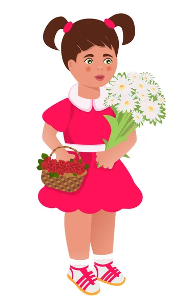 Girl Flowers Basket Berries Fairy Tale Character Bright Illustrations Cartoon — Stock Vector