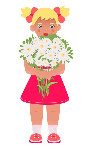 Little Girl Bouquet Wildflowers Cartoon Drawing Vector Close Can Used — Stock Vector