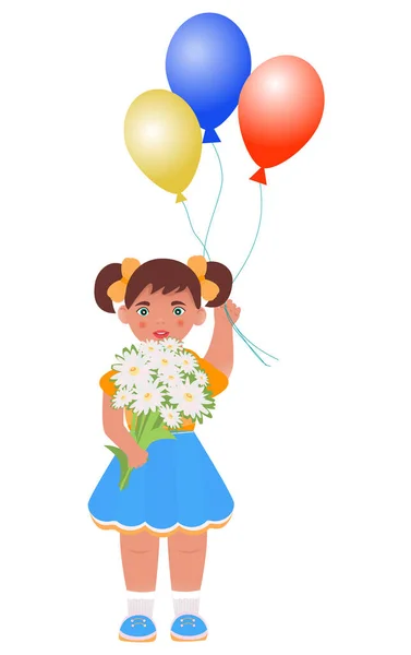 Mädchen Mit Luftballons Und Einem Strauß Wildblumen Einsetzbar Für Bunte — Stockvektor