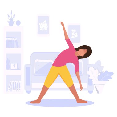 Yoga. Karakter, evde sağlık önleme amaçlı fiziksel egzersizler yapmaktadır. Çizgi film tarzı. Vektör.