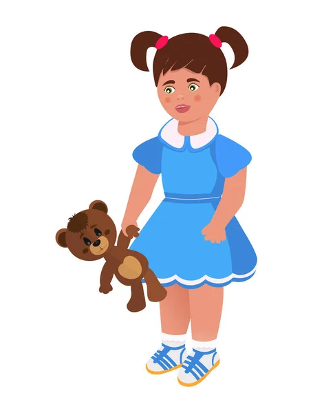 Little Girl Toy Bear Drawing Flat Style Vector — Stock Vector