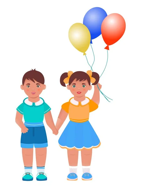 Little Girl Boy Balloons Children Holding Hands Vector Cartoon Style — Vettoriale Stock