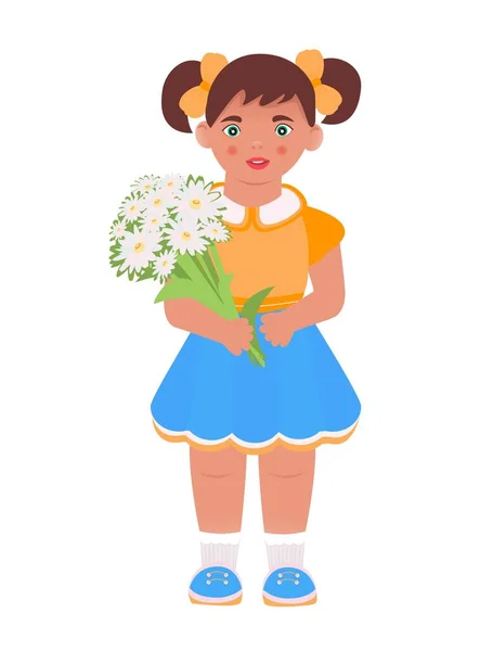 Little Girl Holds Bouquet Daisies Her Hands Vector Flat Cartoon — Vettoriale Stock
