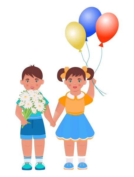 Bambini Con Palloncini Tengono Mano Concetto Vacanza Comunicazione Incontri Amicizia — Vettoriale Stock