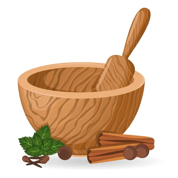 Mortaio Legno Pestello Strumento Macinare Impastare Cucina Cucino Salute Medicina — Vettoriale Stock