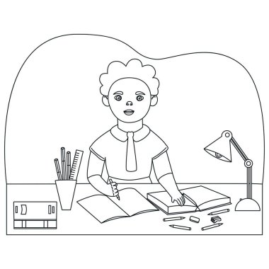 Karakter öğreniyor. Öğrenci masada görevi yerine getirir. Okul ve eğitim kavramı. Doğrusal çizim. Boyama. Karalayın. Çizgi film tarzı. Vektör.