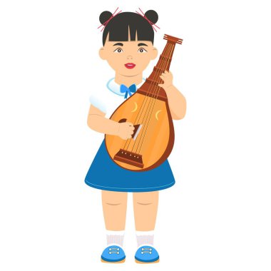 Biwa. Karakter biwa çalıyor. Vektör. Çizgi film tarzı. Müzik aleti çalmayı öğreniyorum. Okul ve eğitim kavramı.