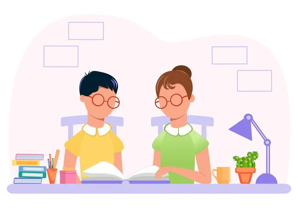 Two Characters Reading Book Lesson Desk Education House Business Job — 스톡 벡터