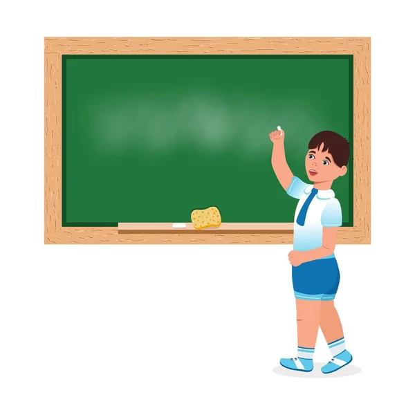 キャラクターは学校の掲示板にチョークで書き込みます 学校に戻る 知識の日だ ベクトル 漫画風 — ストックベクタ