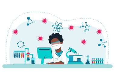 Chemistry. African American student doing research in a chemistry class. Course work. Back to school. Education. Cartoon style. Vector. clipart