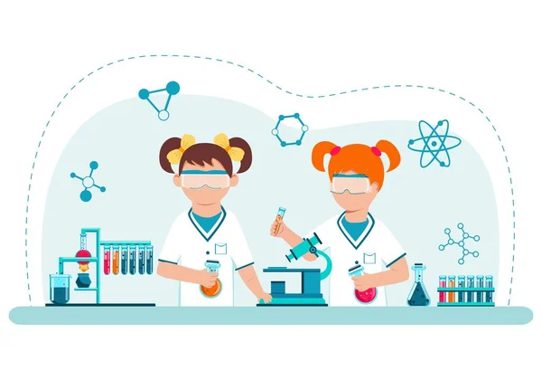 Los Niños Clase Química Realizan Experimentos Gabinete Laboratorio Biología Medicina — Vector de stock