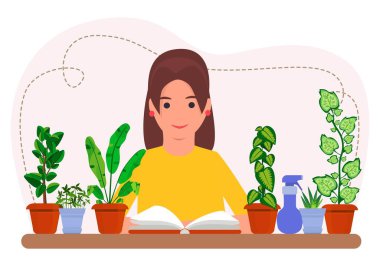 Botanik. Kadın bitkileri inceliyor. Çiçekçilik, bahçıvanlık, eğitim. Çizgi film tarzı. Vektör.