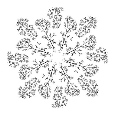 Yapraklı dekoratif dairesel desen. Dövme. Kar taneleri. Süs. Soyut çizgi çizimi
