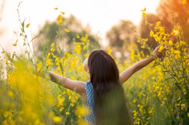 Mutlu Asyalı kız duygu özgürlük çiçek alanı