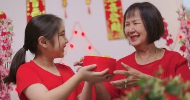 Mutlu Asyalı Kız Çin Yeni Yıl Hediyesi olarak Büyükannesine Portakal Veriyor.