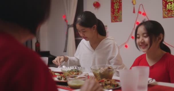 Happy Chinese Family Eating Dinner Chinese New Year Celebrations Together — Stock Video