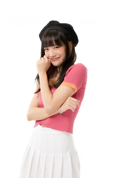 Feliz Hermosa Asiática Chica Pie Con Deleite Posando Aislado Blanco —  Fotos de Stock