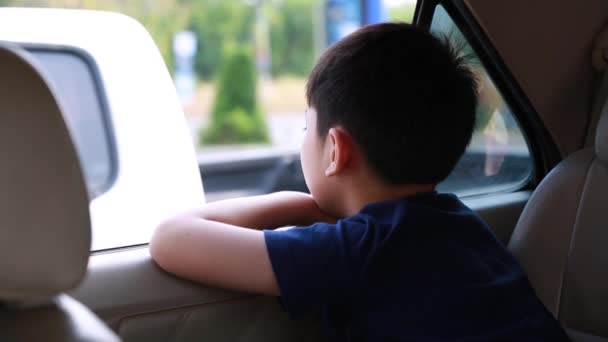 Criança Viajando de carro, menino asiático Olhando para fora da janela Durante a parada, Viagem na cidade — Vídeo de Stock