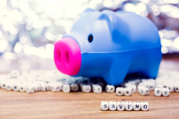 Голубая свинья с надписью Saving на зеленом бэкграунде — стоковое фото