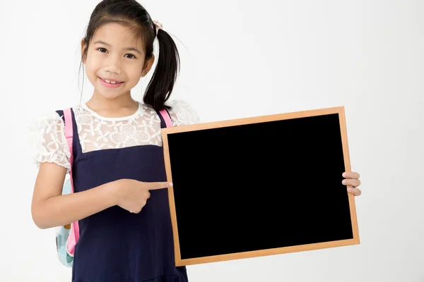 Happy Asian preteens girl hand holding wood board — Stock Photo, Image