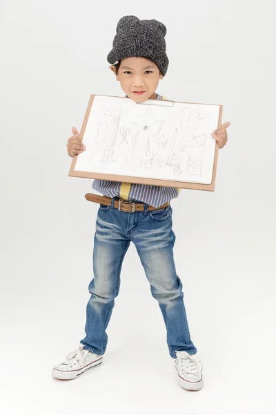 Felice asiatico ragazzo holding un vuoto arte bordo — Foto Stock