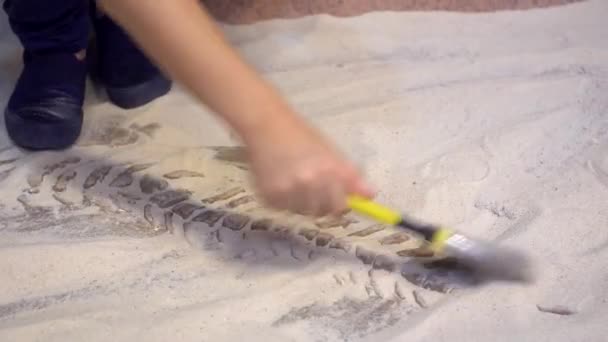 4k, junger asiatischer Junge spielt im Sandkasten im Dinosauriermuseum — Stockvideo