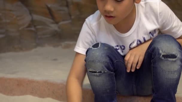 4 k，年轻的亚洲男孩玩耍在沙盘上恐龙博物馆 — 图库视频影像