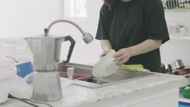 Καλλιεργημένη Εικόνα Μιας Γυναίκας Πλένει Πιάτα Ενώ Κάνει Καθαρισμό Στο — Αρχείο Βίντεο