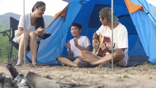 Happy Asian Family Parents Child Camping Holiday — Stock video