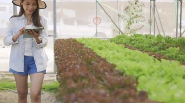 Akıllı çiftlik ve tarım teknolojisi kavramı. Mart genç Asyalı çiftçi seradaki organik bitki bahçesinin kalitesini ve miktarını kontrol etmek için tablet kullanıyor. .