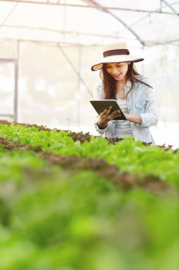 Akıllı çiftlik ve tarım teknolojisi kavramı. Mart genç Asyalı çiftçi seradaki organik bitki bahçesinin kalitesini ve miktarını kontrol etmek için tablet kullanıyor. .