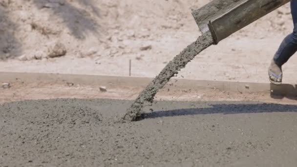 Concrete Flowing Pouring Mixer Cement Truck Pours Liquid Concrete Works — Stock Video